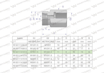 Tulejka różnicowa hydrauliczna metryczna AB M16x1.5 10L GZ x M14x1.5 GW Waryński ( sprzedawane po 2 )