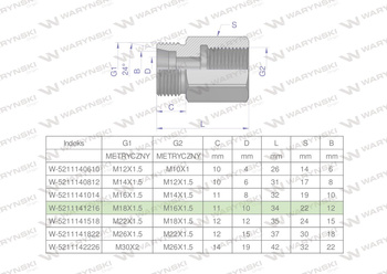 Tulejka różnicowa hydrauliczna metryczna AB M18x1.5 12L GZ x M16x1.5 GW Waryński ( sprzedawane po 2 )