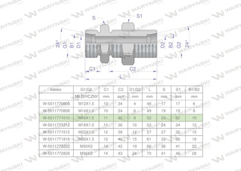 Złączka hydrauliczna metryczna grodziowa BB M16x1.5 10L z przeciwnakrętką (XSV) Waryński ( sprzedawane po 2 )