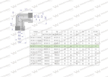 Kolanko hydrauliczne metryczne BB M18x1.5 12L (XW) Waryński ( sprzedawane po 5 )