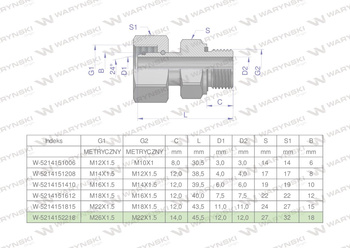 Przyłączka hydrauliczna metryczna AB (EVGE) M26x1.5 18L x M22x1.5 ED Waryński ( sprzedawane po 2 )