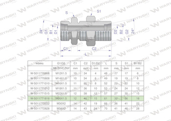 Złączka hydrauliczna metryczna grodziowa BB M26x1.5 18L z przeciwnakrętką (XSV) Waryńśki