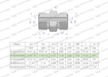 Złączka hydrauliczna calowa BB 11/16" ORFS (UNF) Waryński ( sprzedawane po 2 )