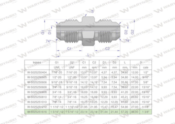 Złączka hydrauliczna calowa BB 1 5/16" UNF (JIC) Waryński