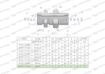 Złączka hydrauliczna metryczna grodziowa BB M36x2 28L z przeciwnakrętką (XSV) Waryński