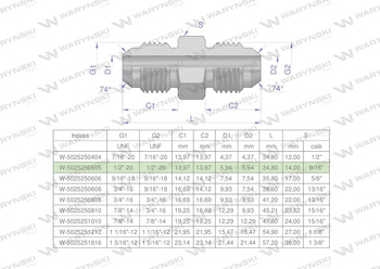 Złączka hydrauliczna calowa BB 1/2" UNF (JIC) Waryński ( sprzedawane po 2 )