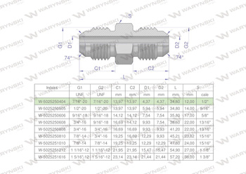 Złączka hydrauliczna calowa BB 7/16" UNF (JIC) Waryński ( sprzedawane po 2 )