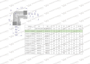 Kolanko hydrauliczne metryczne BB M12x1.5 06L (XW) Waryński ( sprzedawane po 5 )