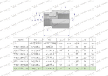 Tulejka różnicowa hydrauliczna metryczna AB 30x2 22L GZ x M26x1.5 GW Waryński