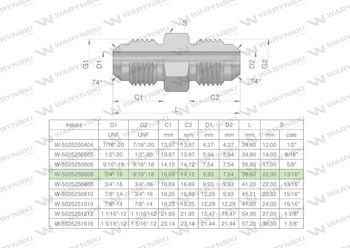 Złączka hydrauliczna redukcyjna calowa BB 9/16" x 3/4" UNF (JIC) Waryński ( sprzedawane po 2 )