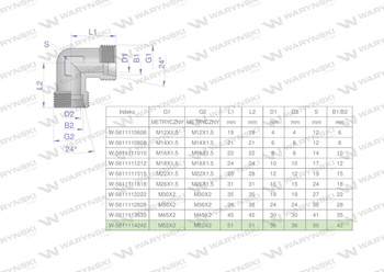 Kolanko hydrauliczne metryczne BB M52x2 42L (XW) Waryński