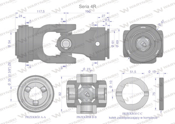 Przegub kompletny z krzyżakiem 27X82 seria 4 do rury zewnętrznej 51.5mm Waryński