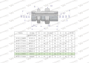 Złączka hydrauliczna metryczna grodziowa BB M30x2 22L z przeciwnakrętką (XSV) Waryński