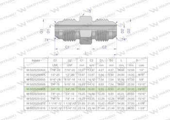 Złączka hydrauliczna calowa BB 3/4" UNF (JIC) Waryński ( sprzedawane po 2 )