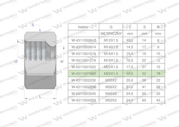 Nakrętka hydrauliczna metryczna (M18L) M26x1.5 18L Waryński ( sprzedawane po 10 )