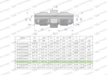 Złączka hydrauliczna calowa BB 7/8" UNF (JIC) Waryński ( sprzedawane po 2 )